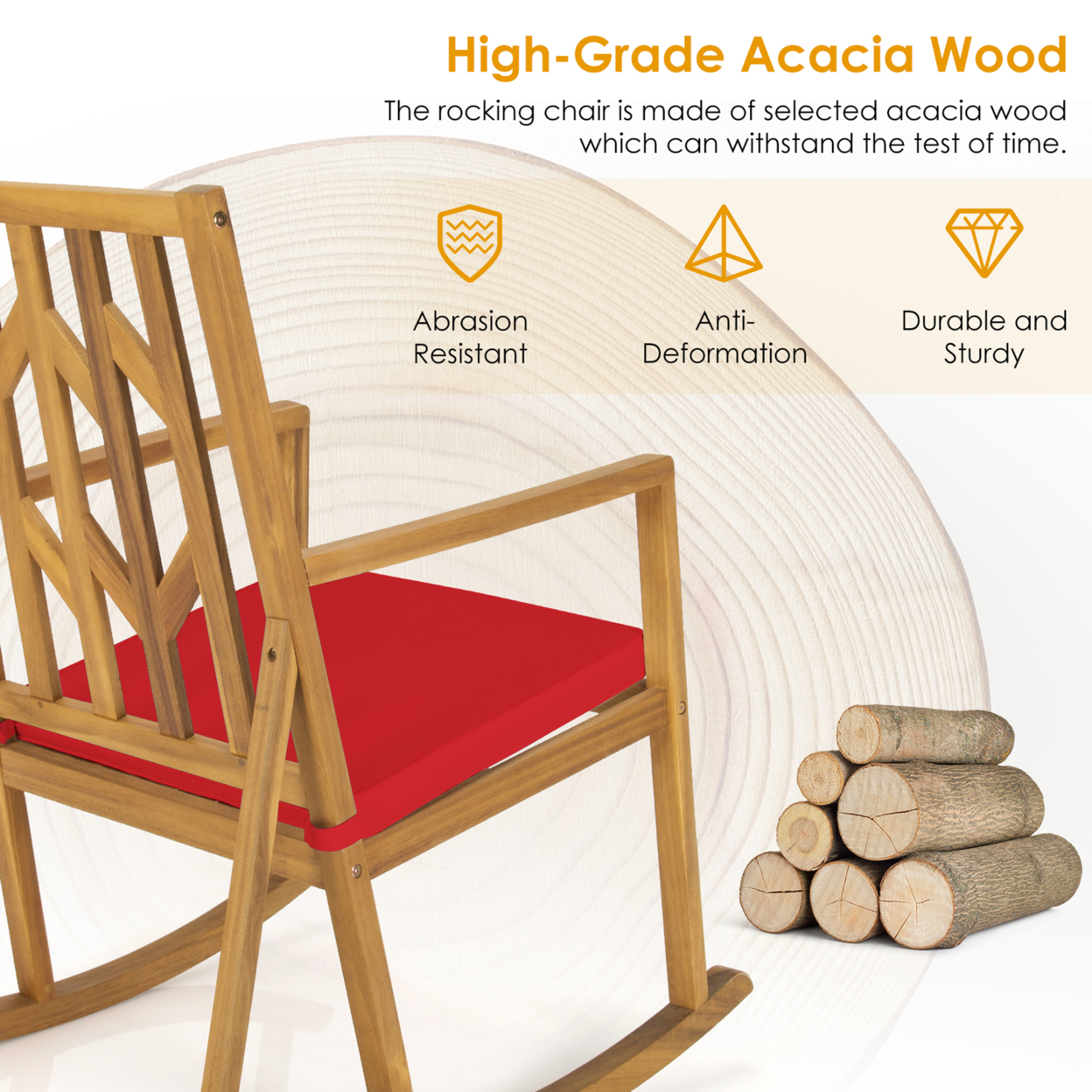 Outdoor Acacia Wood Rocking Chair Wooden Patio Rocker W/ Red Cushion