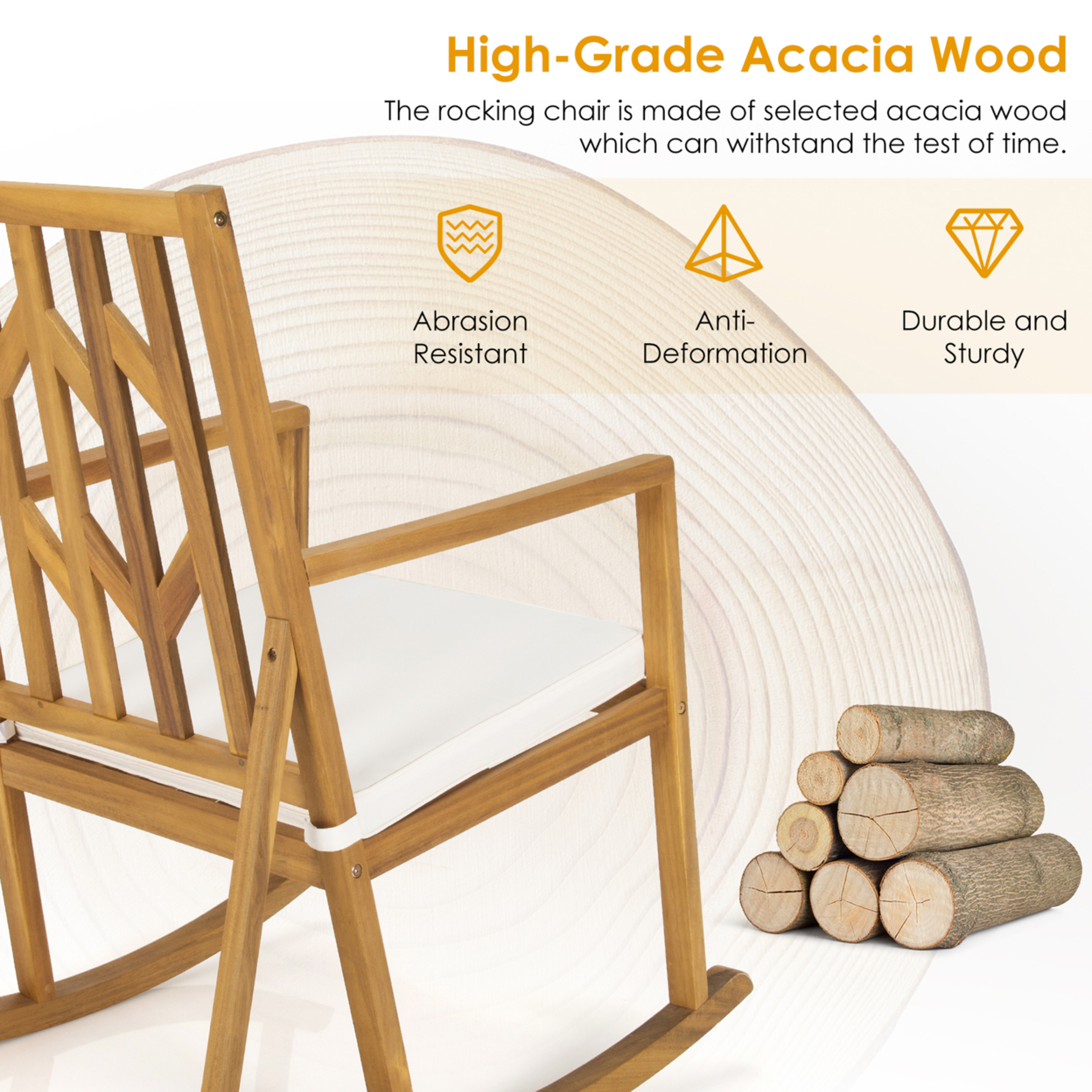 Outdoor Acacia Wood Rocking Chair Wooden Patio Rocker W/ Beige Cushion