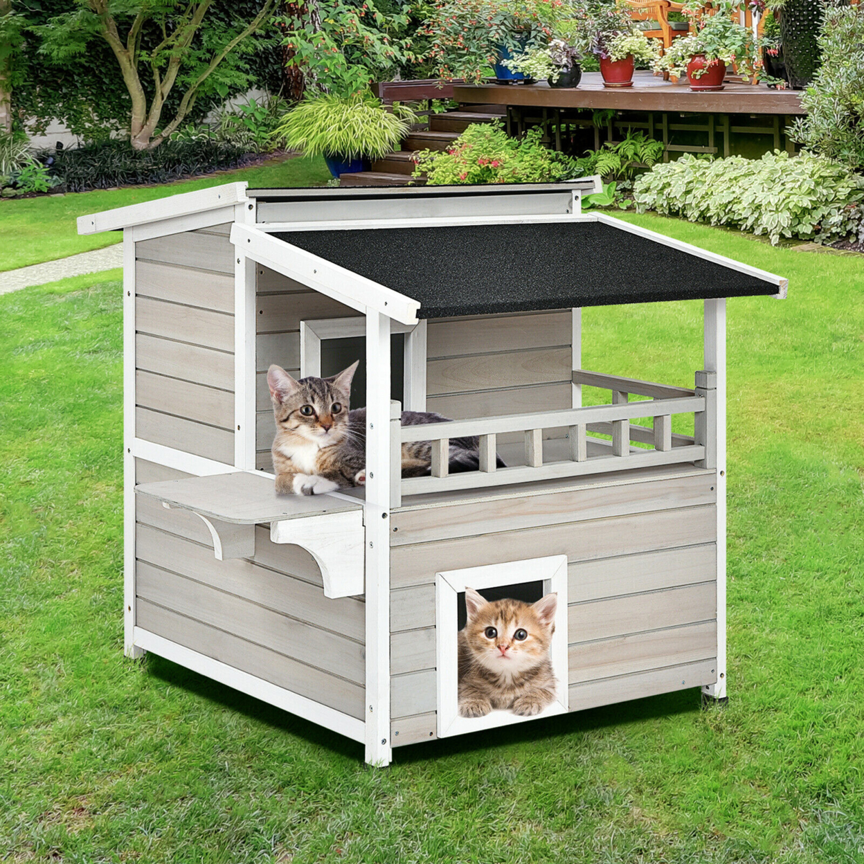 2-Story Wooden Patio Luxurious Cat Shelter House Condo W/ Large Balcony