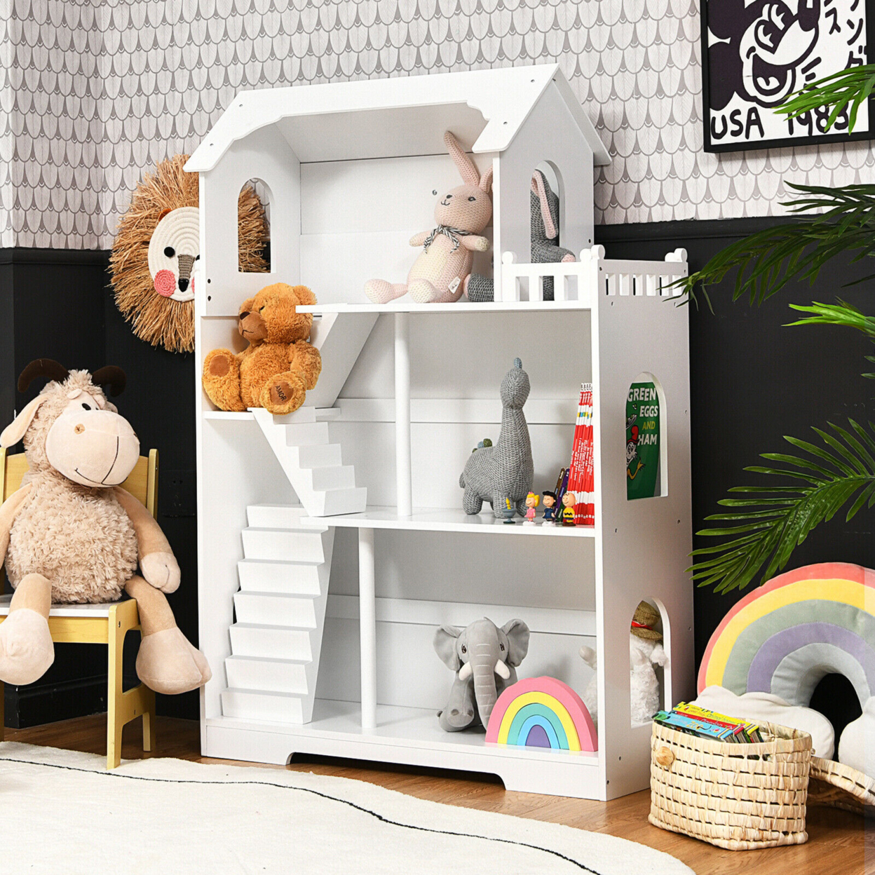 3-Tier Wooden Dollhouse Bookcase Children's Bookshelf In Kid's Room Gift For 3+