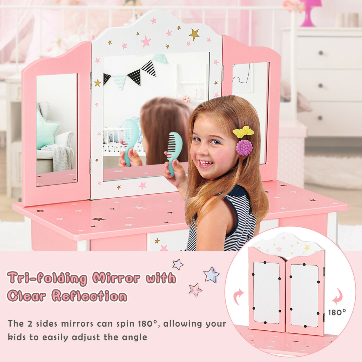 Kids Vanity Princess Makeup Dressing Table Chair Set W/ Tri-folding Mirror - Pink