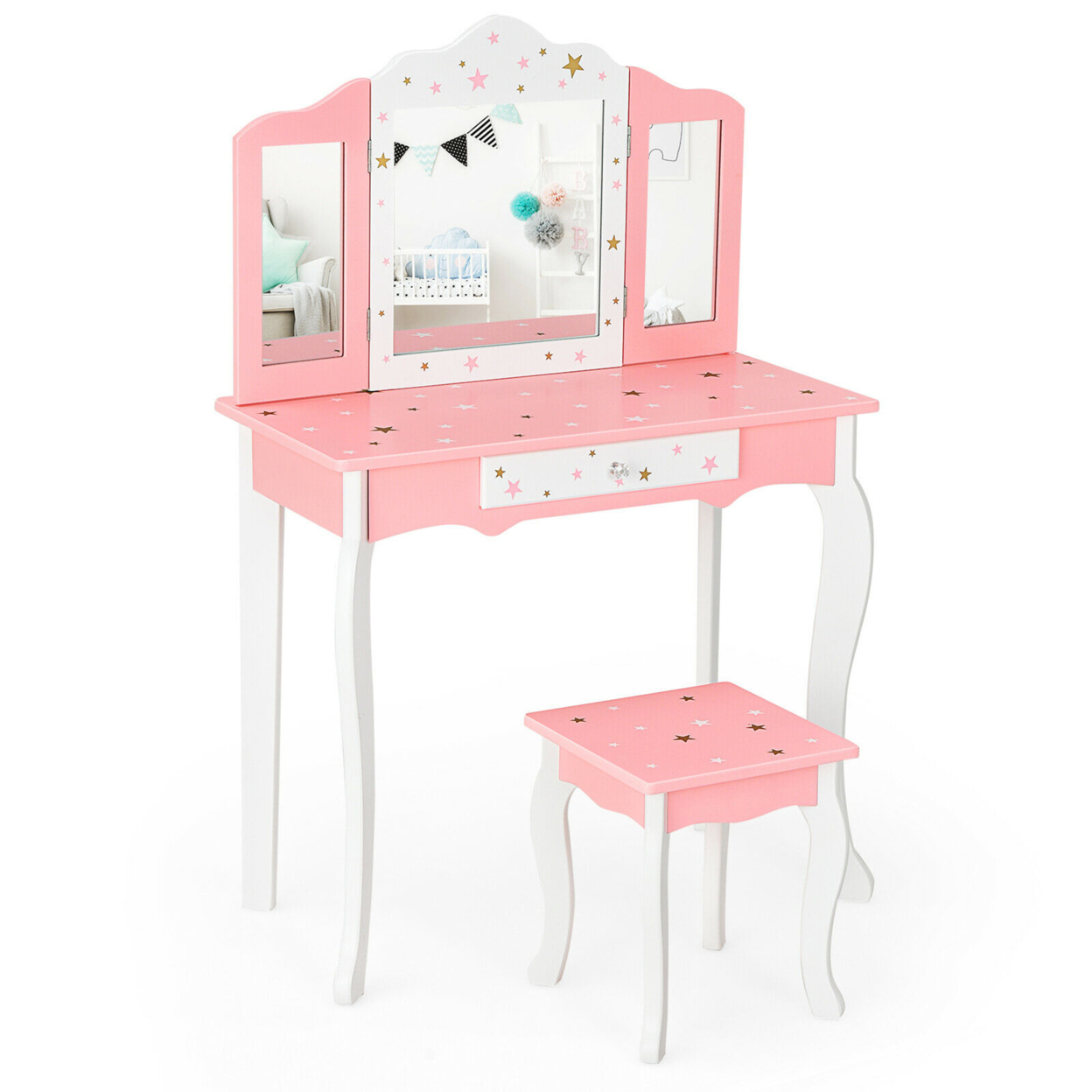 Kids Vanity Princess Makeup Dressing Table Chair Set W/ Tri-folding Mirror - Pink