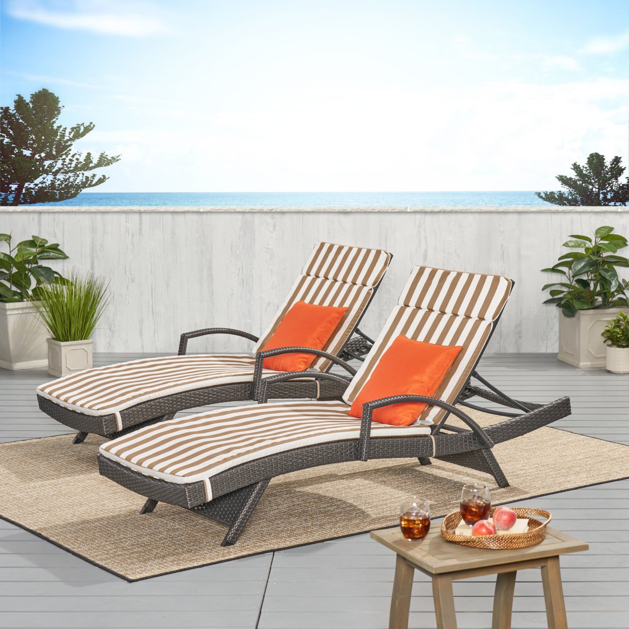 Soleil Outdoor Wicker Chaise Lounges With Water Resistant Cushions (Set Of 2) - Brown & White Stripe