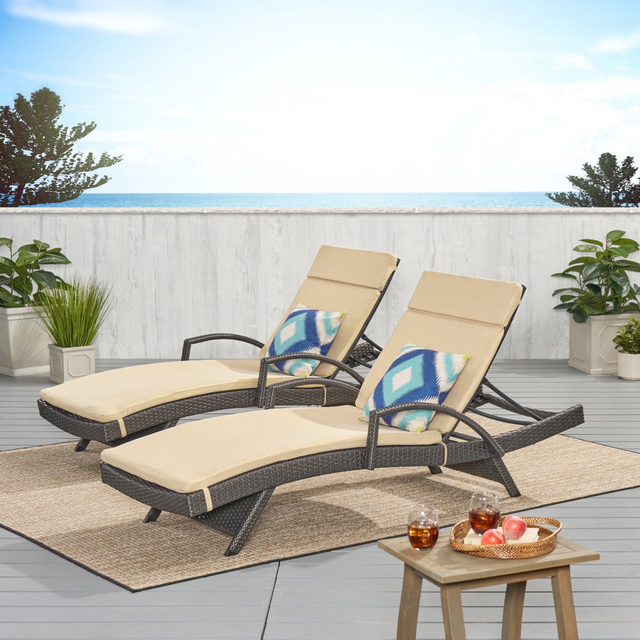 Soleil Outdoor Wicker Chaise Lounges With Water Resistant Cushions (Set Of 2) - Textured Beige