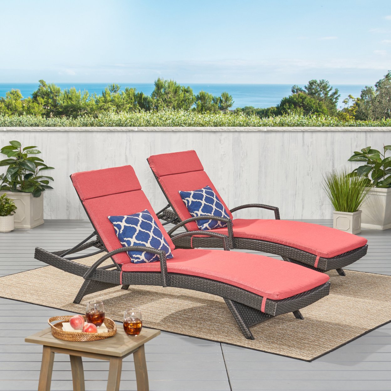 Soleil Outdoor Wicker Chaise Lounges With Water Resistant Cushions (Set Of 2) - Red