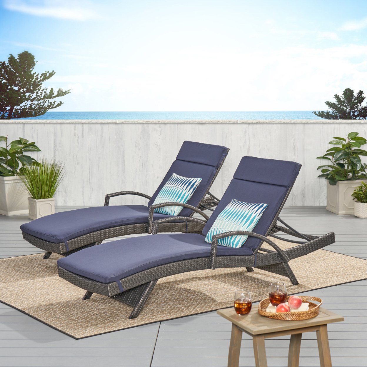 Soleil Outdoor Wicker Chaise Lounges With Water Resistant Cushions (Set Of 2) - Navy Blue