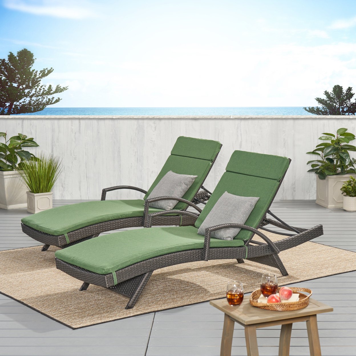 Soleil Outdoor Wicker Chaise Lounges With Water Resistant Cushions (Set Of 2) - Jungle Green