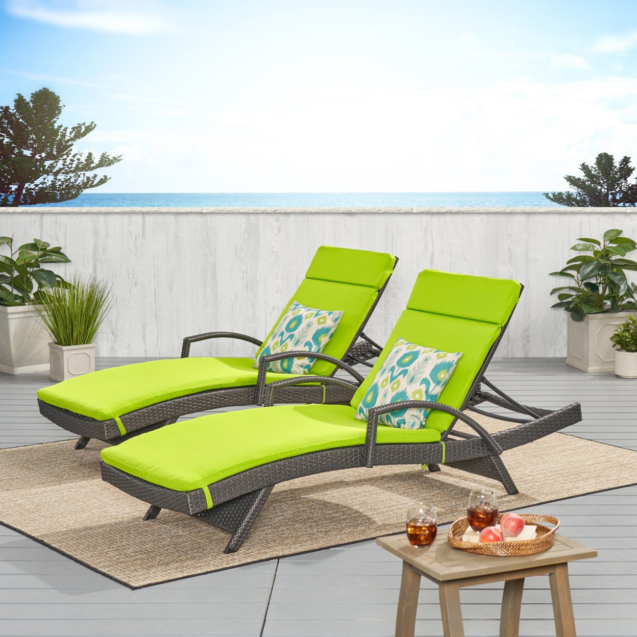 Soleil Outdoor Wicker Chaise Lounges With Water Resistant Cushions (Set Of 2) - Green