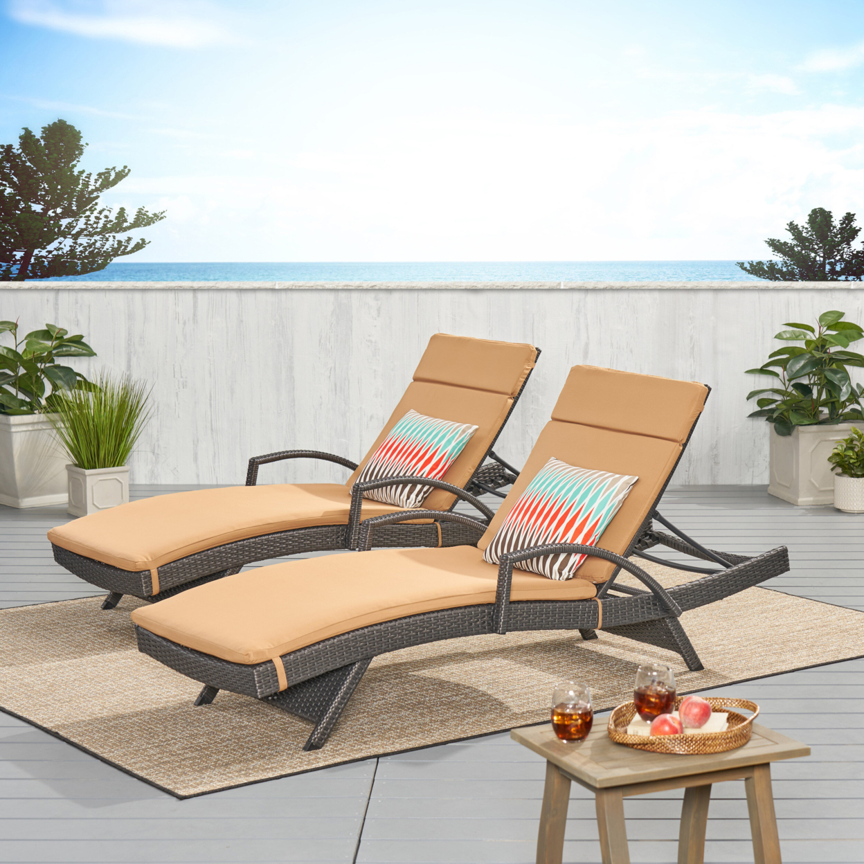 Soleil Outdoor Wicker Chaise Lounges With Water Resistant Cushions (Set Of 2) - Caramel