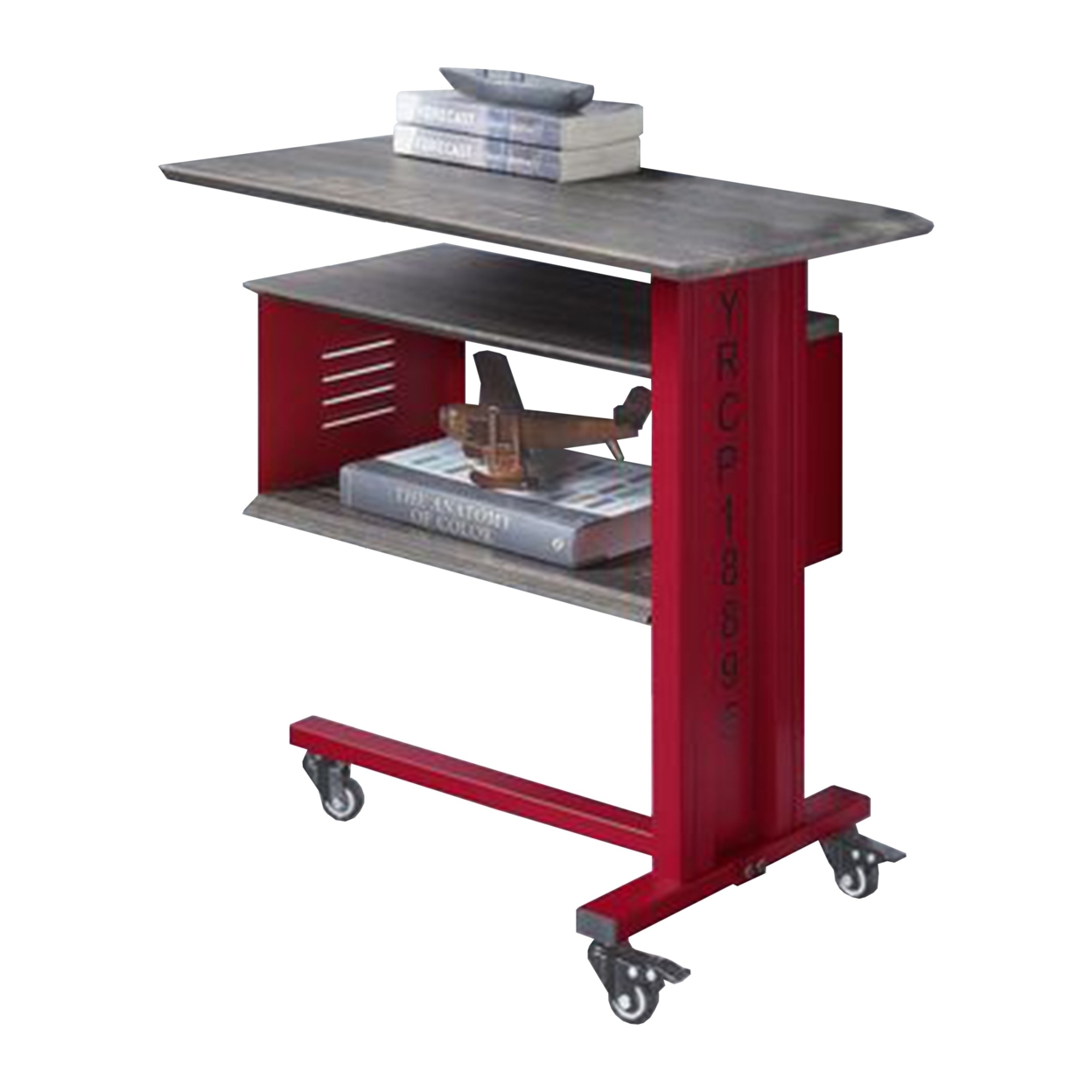 Accent Table With Metal Cargo Style And 3 Caster Wheels, Red- Saltoro Sherpi