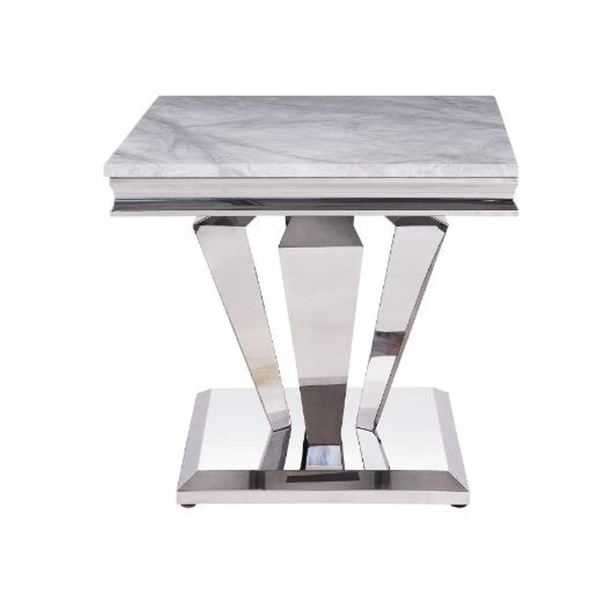End Table With Faux Marble Top And Metal Base, White And Silver- Saltoro Sherpi