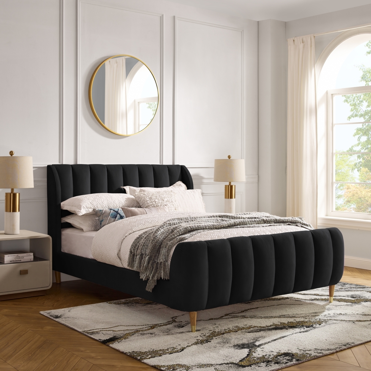 Sana Bed-Upholstered-Channel Tufted-Slats Included - Black, Queen