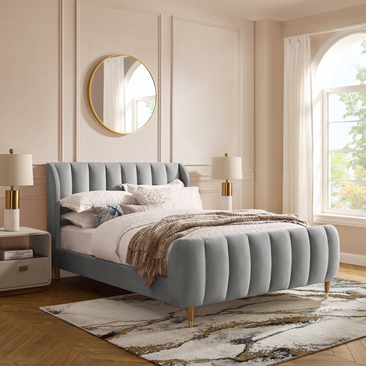 Sana Bed-Upholstered-Channel Tufted-Slats Included - Grey, Queen