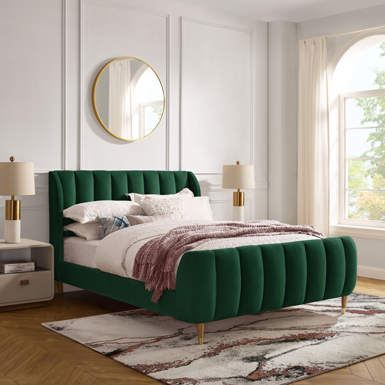 Sana Bed-Upholstered-Channel Tufted-Slats Included - Hunter Green, Queen