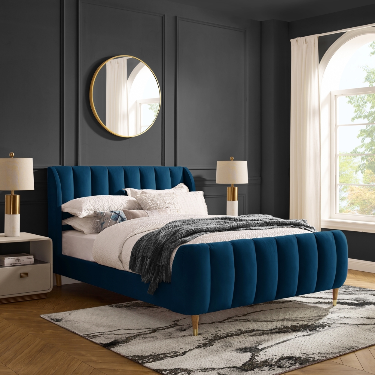 Sana Bed-Upholstered-Channel Tufted-Slats Included - Navy, King