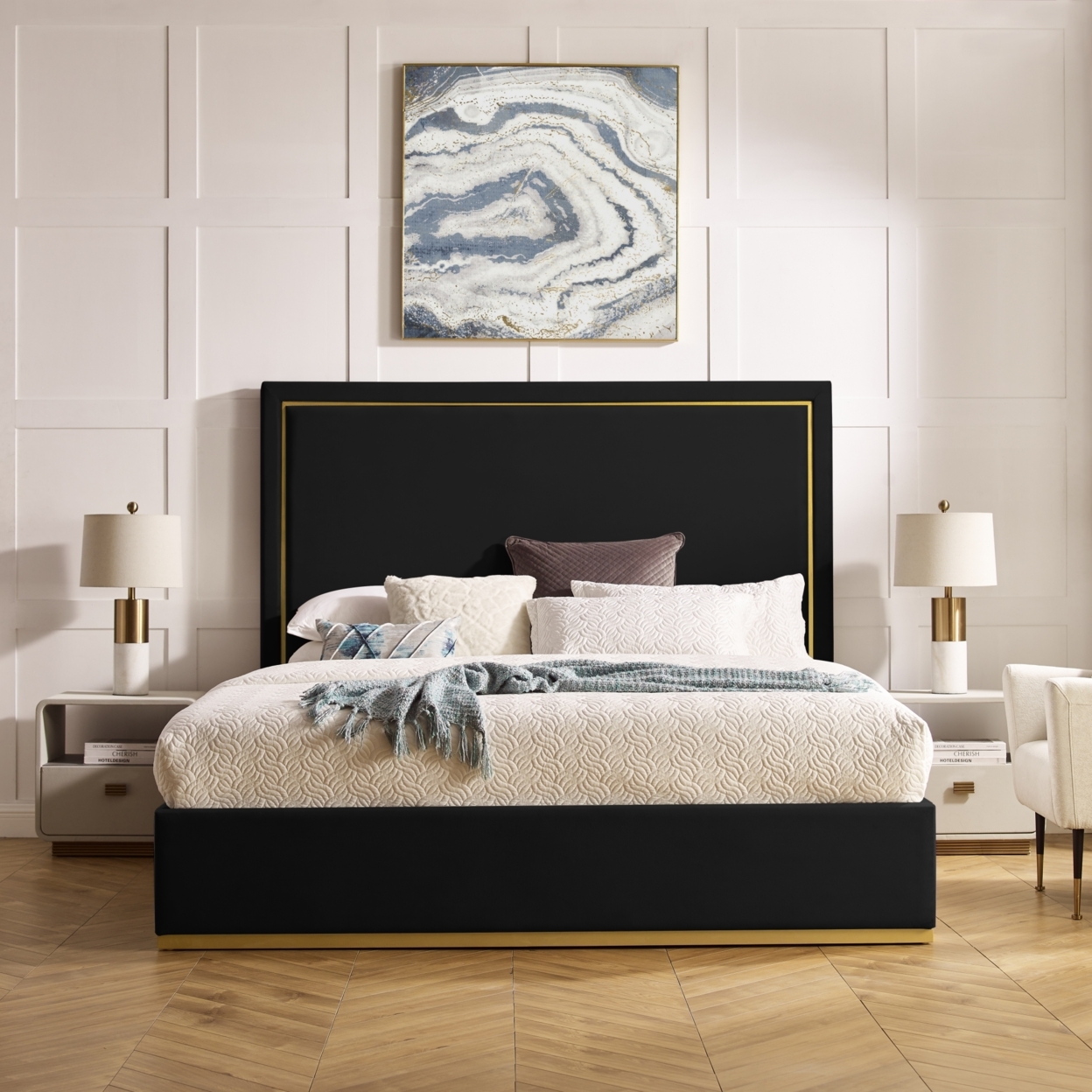 May Bed-Upholstered-Powder Coated Gold Frame And Base-Slats Included - Black, King