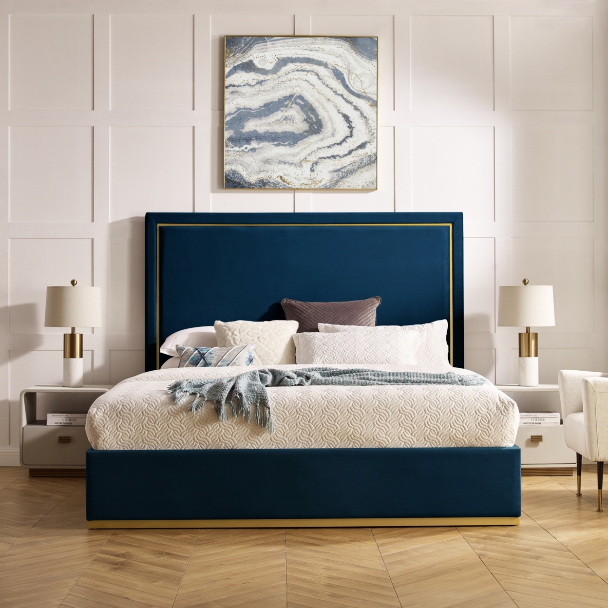 May Bed-Upholstered-Powder Coated Gold Frame And Base-Slats Included - Navy, Queen