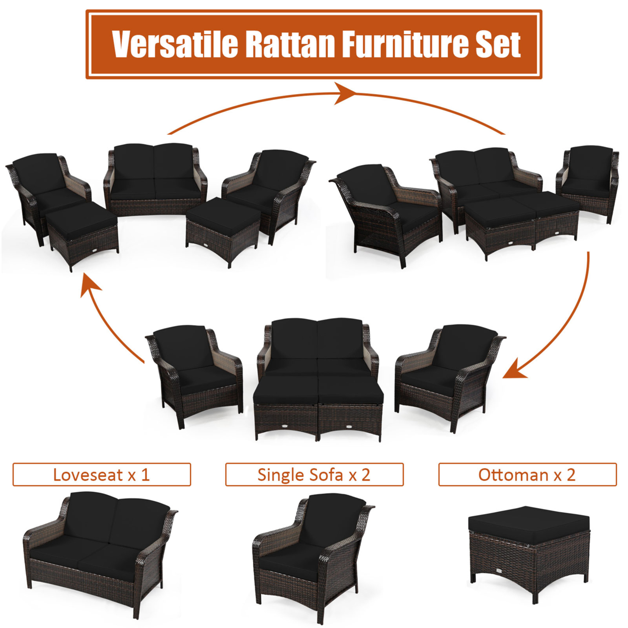 5PCS Rattan Patio Conversation Sofa Furniture Set Outdoor W/ Black Cushions