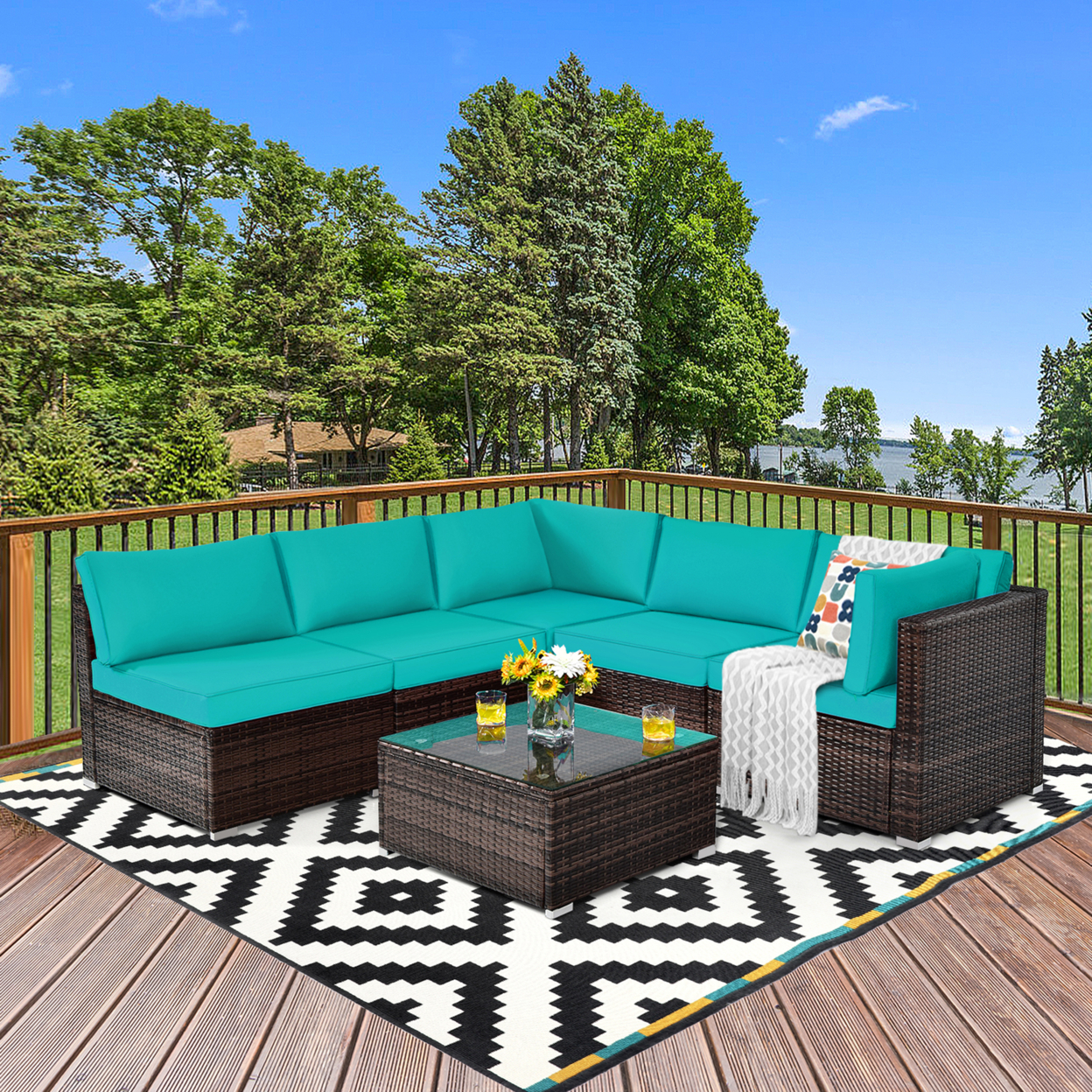 6PCS Rattan Outdoor Sectional Sofa Set Patio Furniture Set W/ Turquoise Cushions