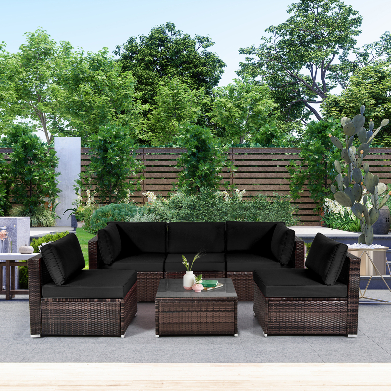 6PCS Rattan Outdoor Sectional Sofa Set Patio Furniture Set W/ Black Cushions