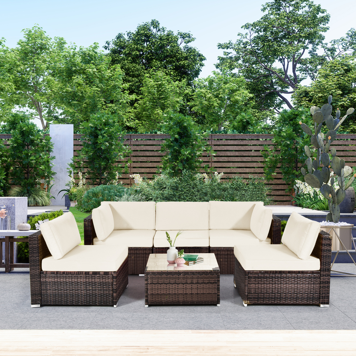 6PCS Rattan Outdoor Sectional Sofa Set Patio Furniture Set W/ White Cushions