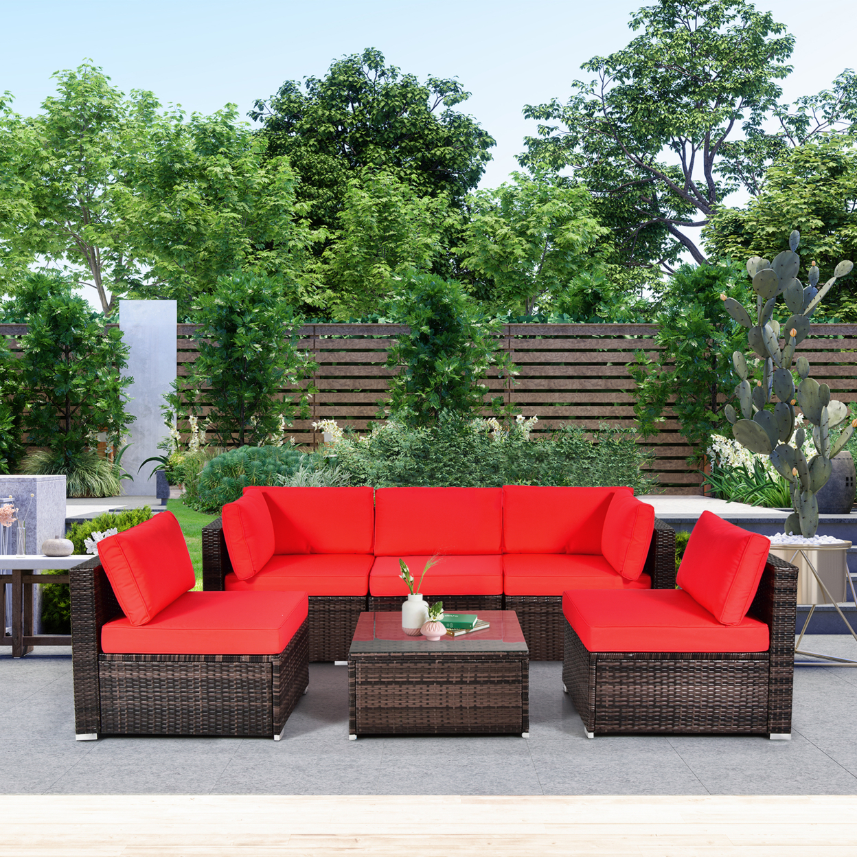 6PCS Rattan Outdoor Sectional Sofa Set Patio Furniture Set W/ Red Cushions