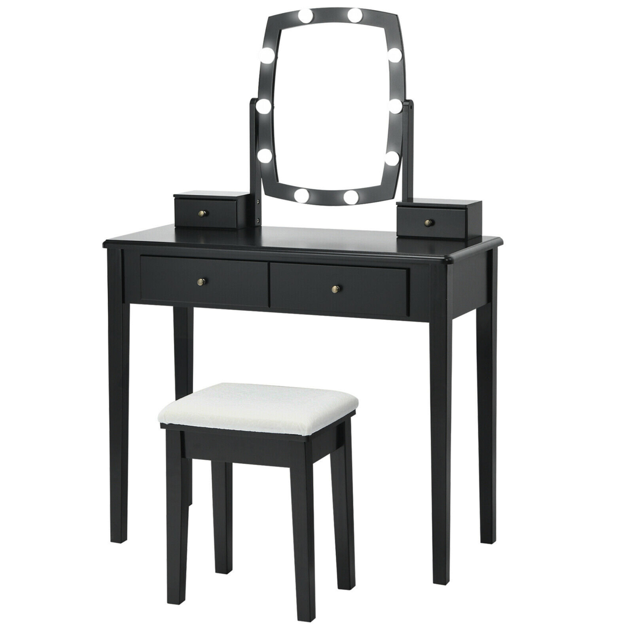 Vanity Table Set With Lighted Mirror Adjustable 10 Bulbs Dresser 4 Drawer - Black