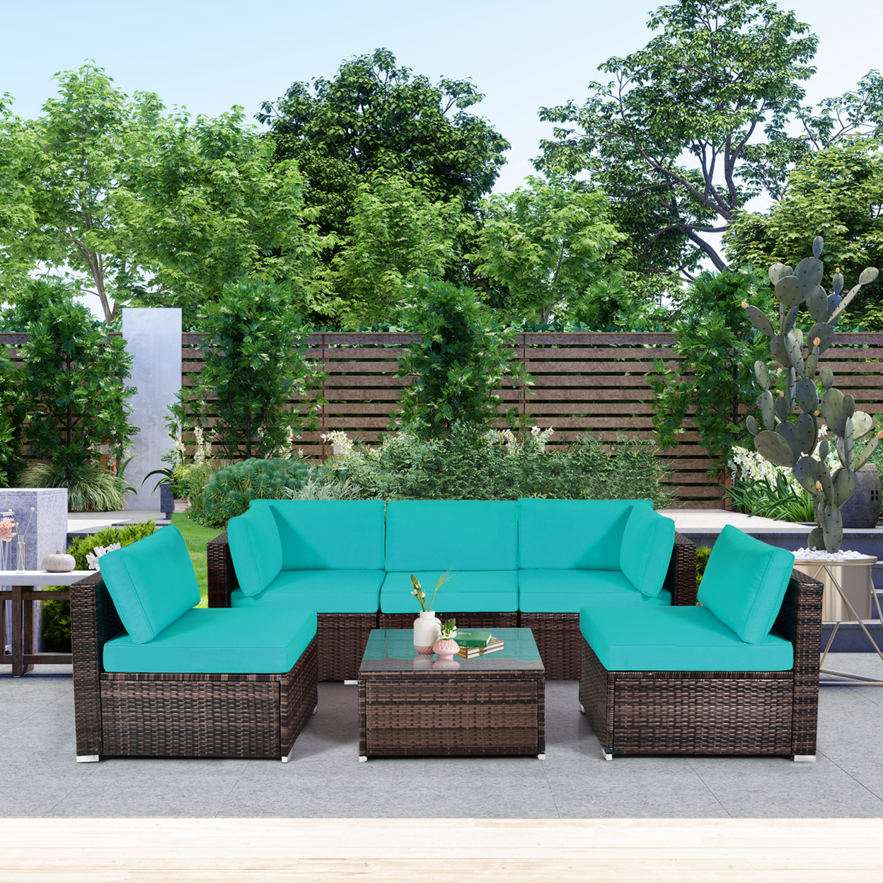 6PCS Rattan Outdoor Sectional Sofa Set Patio Furniture Set W/ Turquoise Cushions