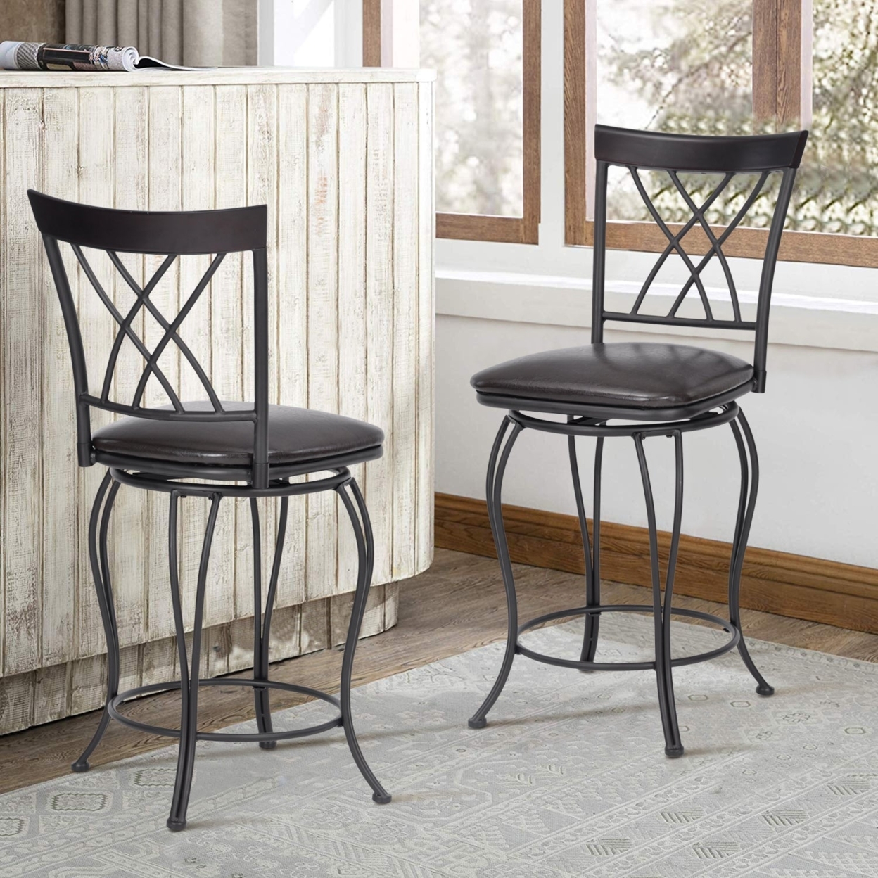 Dining Bar stool Black Easy Assemble Kitchen Bar Chairs, Set of 2, X-Shape Back - Bar Stool