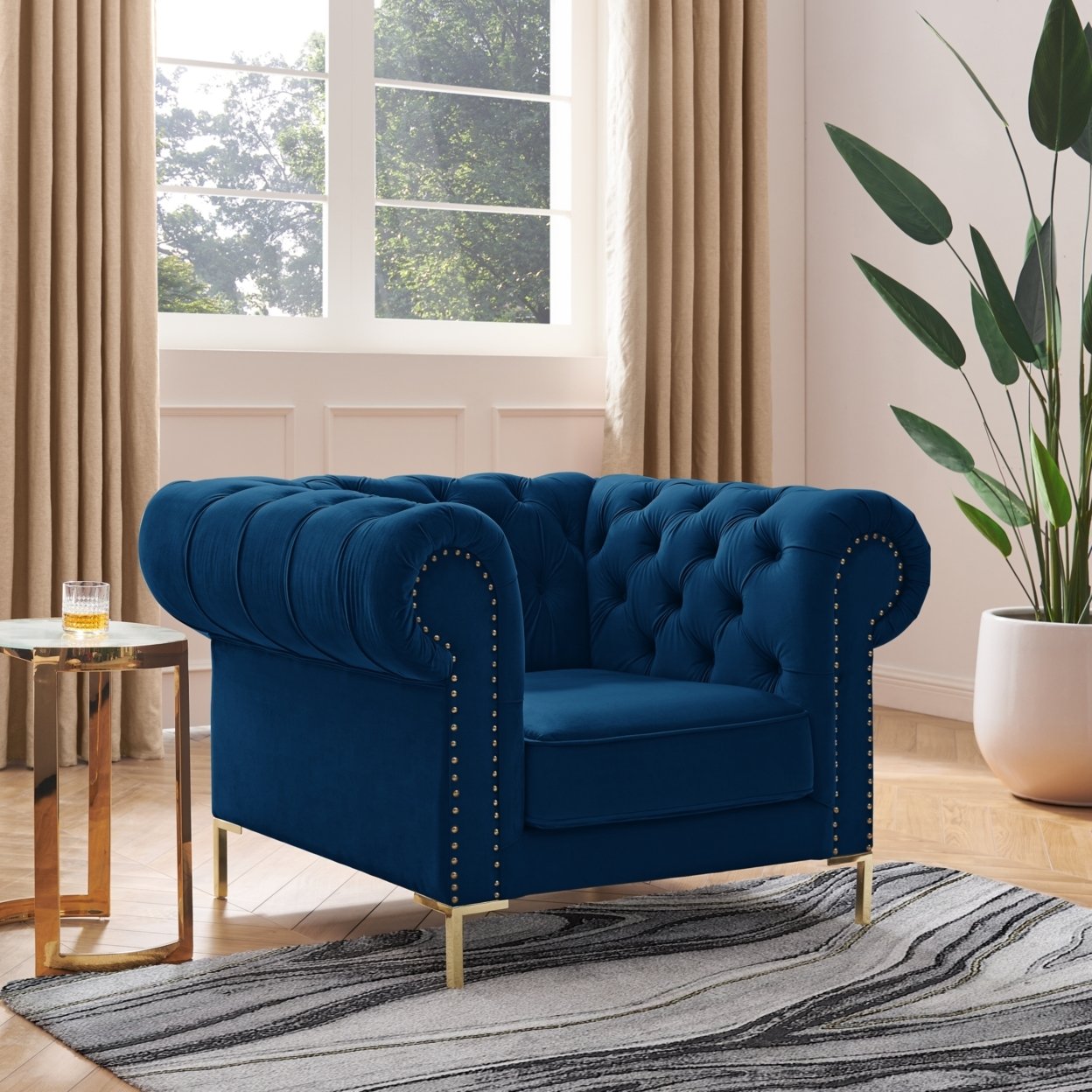 Abrianna Club Chair-Button Tufted-Gold Nailhead Trim, Sinuous Springs-Rolled Arms, Y-leg - navy - navy blue