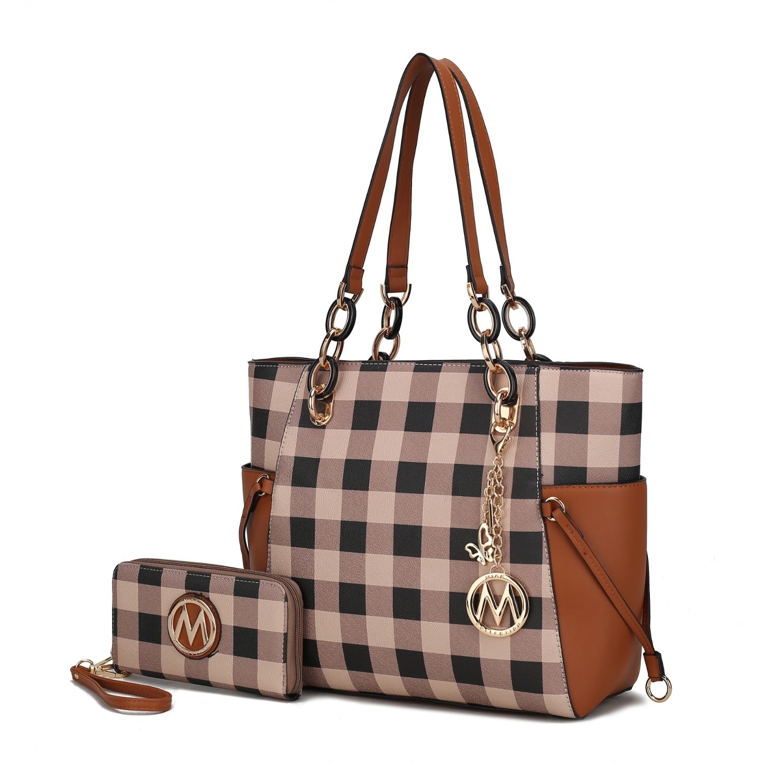 MKF Collection Yale Checkered Tote Handbag With Wallet By Mia K. - Cognac Brown