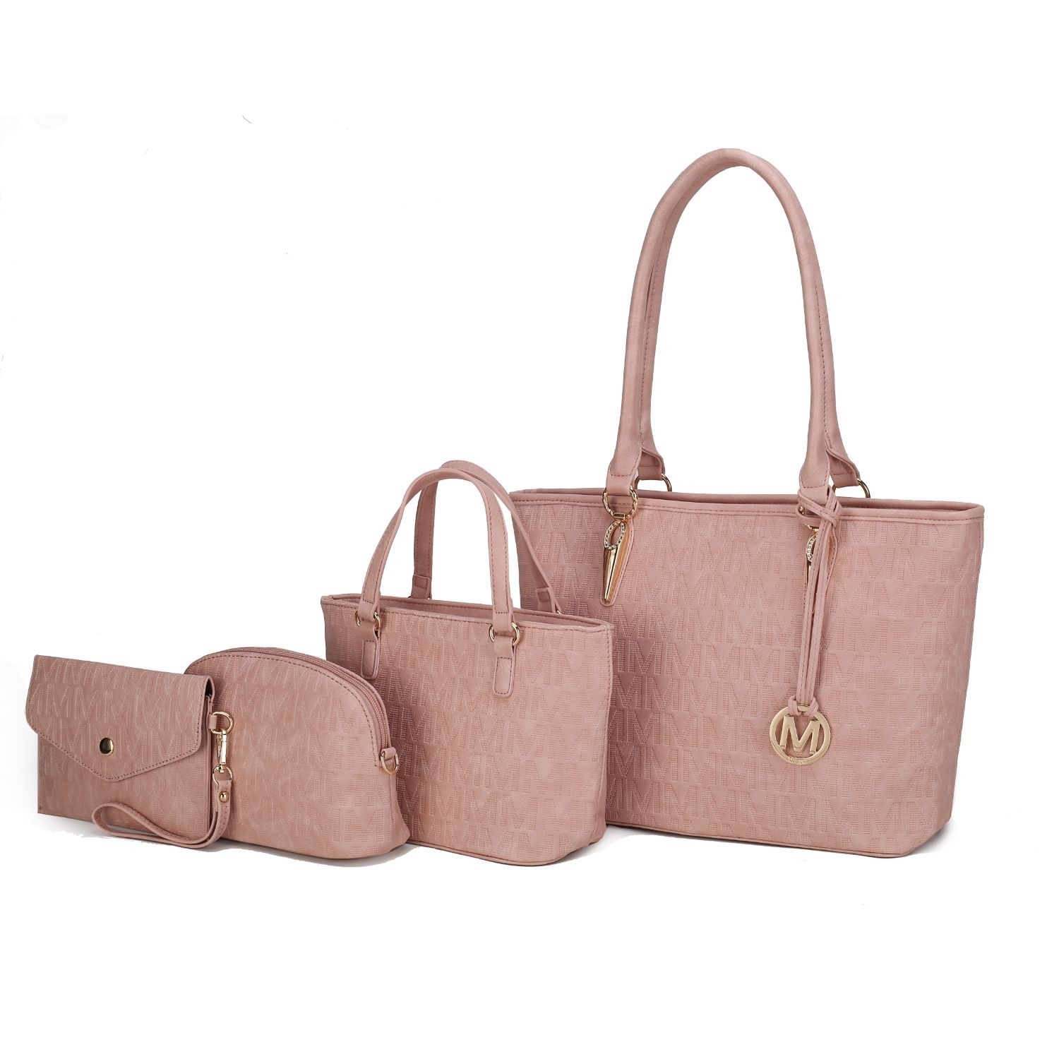 MKF Collection Edelyn Embossed M Signature 4 PCS Tote Handbag Set - Rose Pink