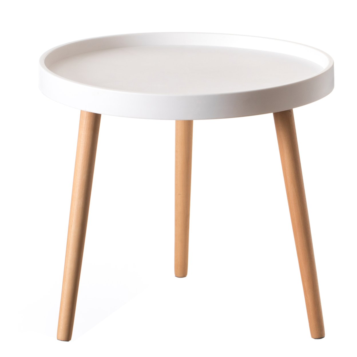 Modern Plastic Round Side Table Accent Coffee Table With Beech Wood Legs - White
