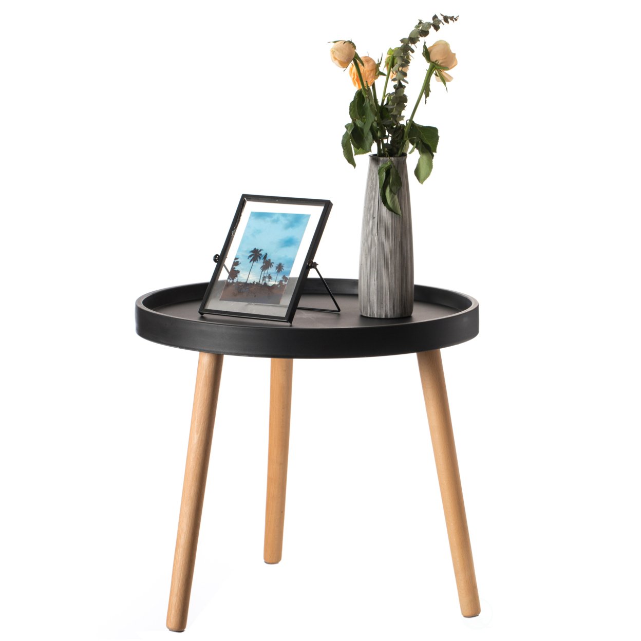Modern Plastic Round Side Table Accent Coffee Table With Beech Wood Legs - Black