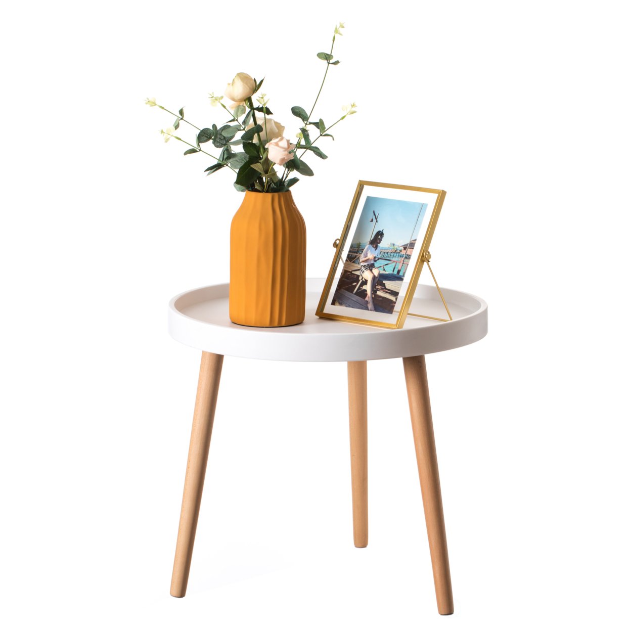 Modern Plastic Round Side Table Accent Coffee Table With Beech Wood Legs - White