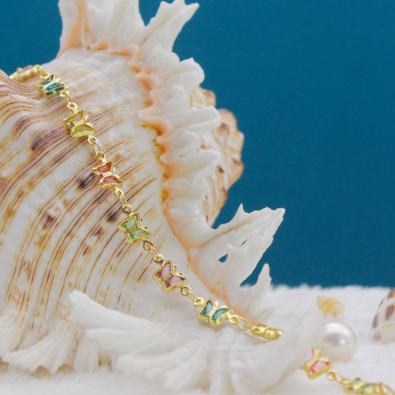 18K Gold Filled High Polish Finsh Multi Color Crystal Butterfly Ankle Bracelet