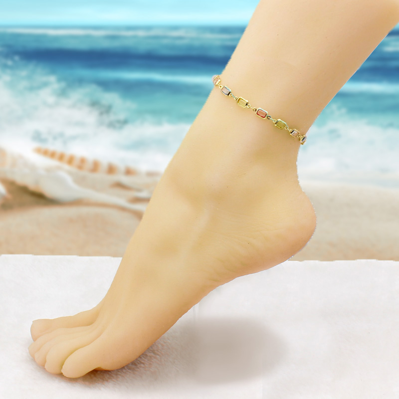 18K Gold Filled High Polish Finsh Gold And Multi Color Light Color Crystal Baguette Anklet