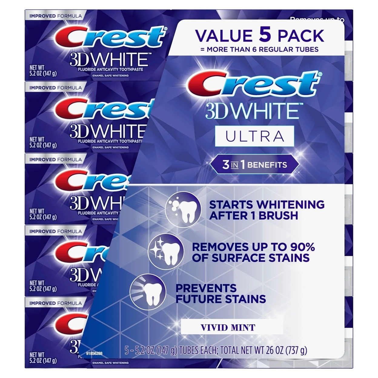 Crest 3D White Ultra Fluoride Anticavity Toothpaste, Vivid Mint (5.2 Oz, 5 Pack)