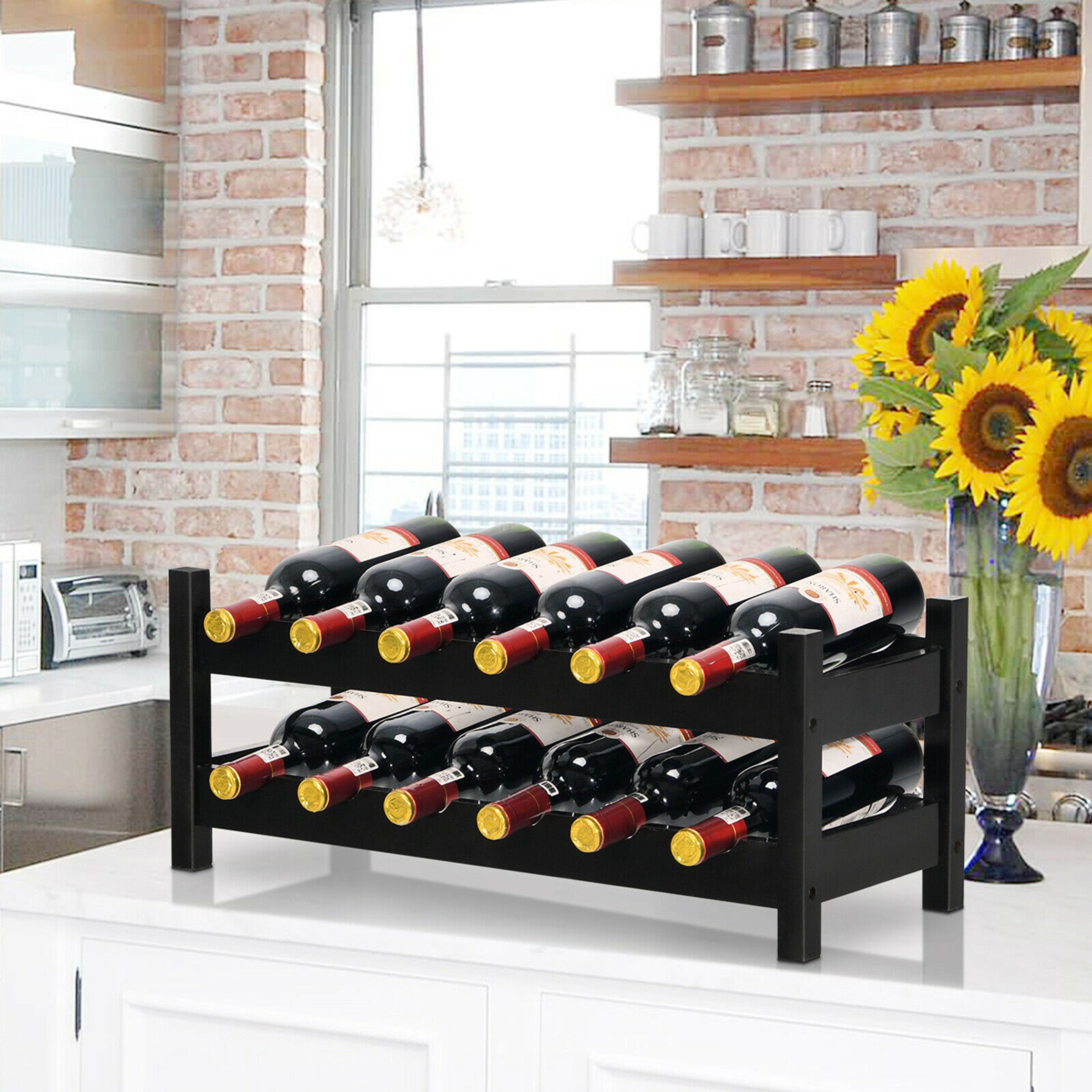 2-Tier Bamboo Wine Rack 12 Bottles Display Storage Shelf Holder Kitchen Coffee