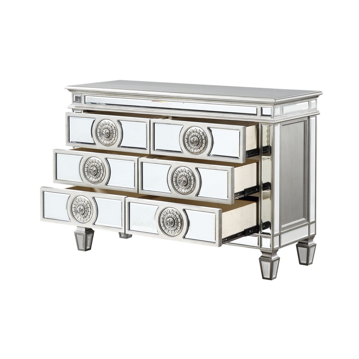 Server With 6 Mirrored Drawers And Medallion Front, Silver- Saltoro Sherpi