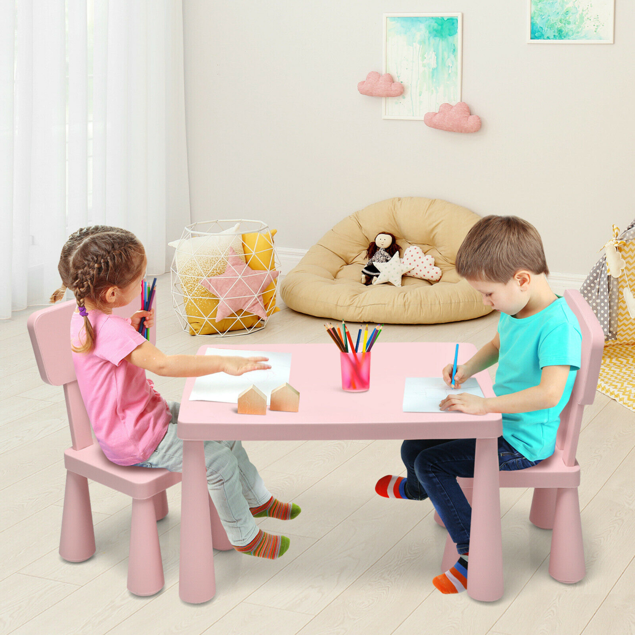 Gymax Kids Table & 2 Chairs Set Toddler Activity Play Dining Study Desk Baby Gift - Pink