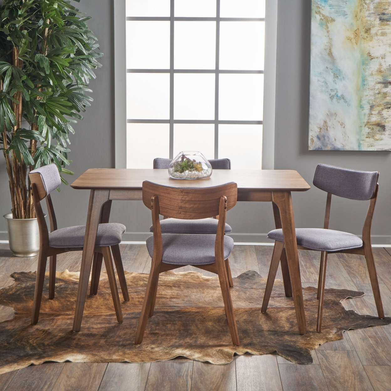 Mango Mid Century Finished 5 Piece Wood Dining Set With Fabric Chairs - Dark Gray
