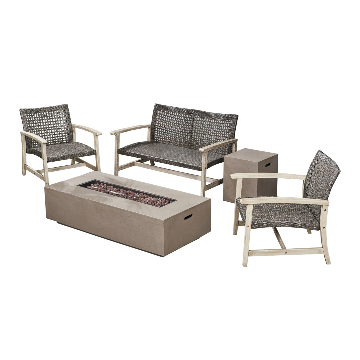 Alliso Outdoor 5 Piece Wood And Wicker Chat Set With Fire Pit
