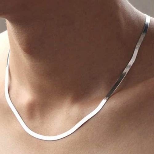 Unisex 14K White Gold Filled Herringbone Flat Necklace 20