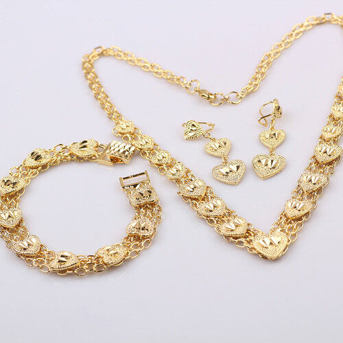 Heart Necklace,Earrings,Bracelet Set 24K Yellow Gold Filled