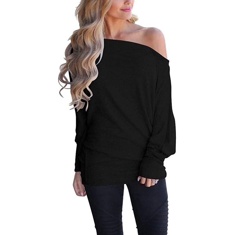 Women's Off Shoulder Long Sleeve Oversized Pullover Sweater - black, 2xl