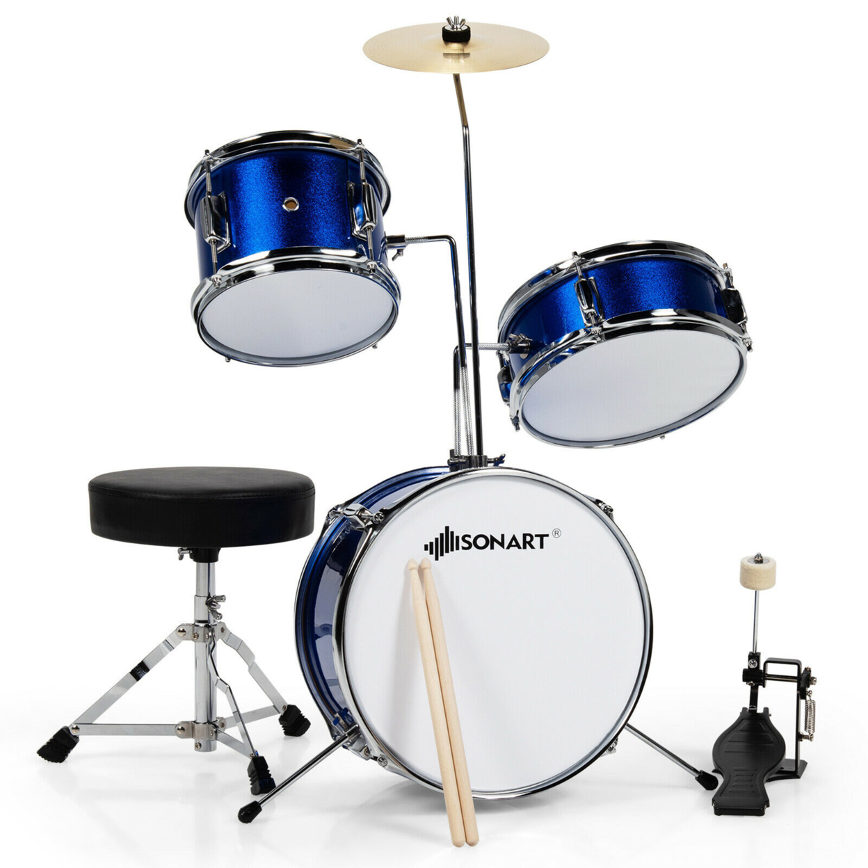 13 Inch 3-Piece Kids Junior Beginner Drum Set W/Tom Snare Bass Drum - Blue