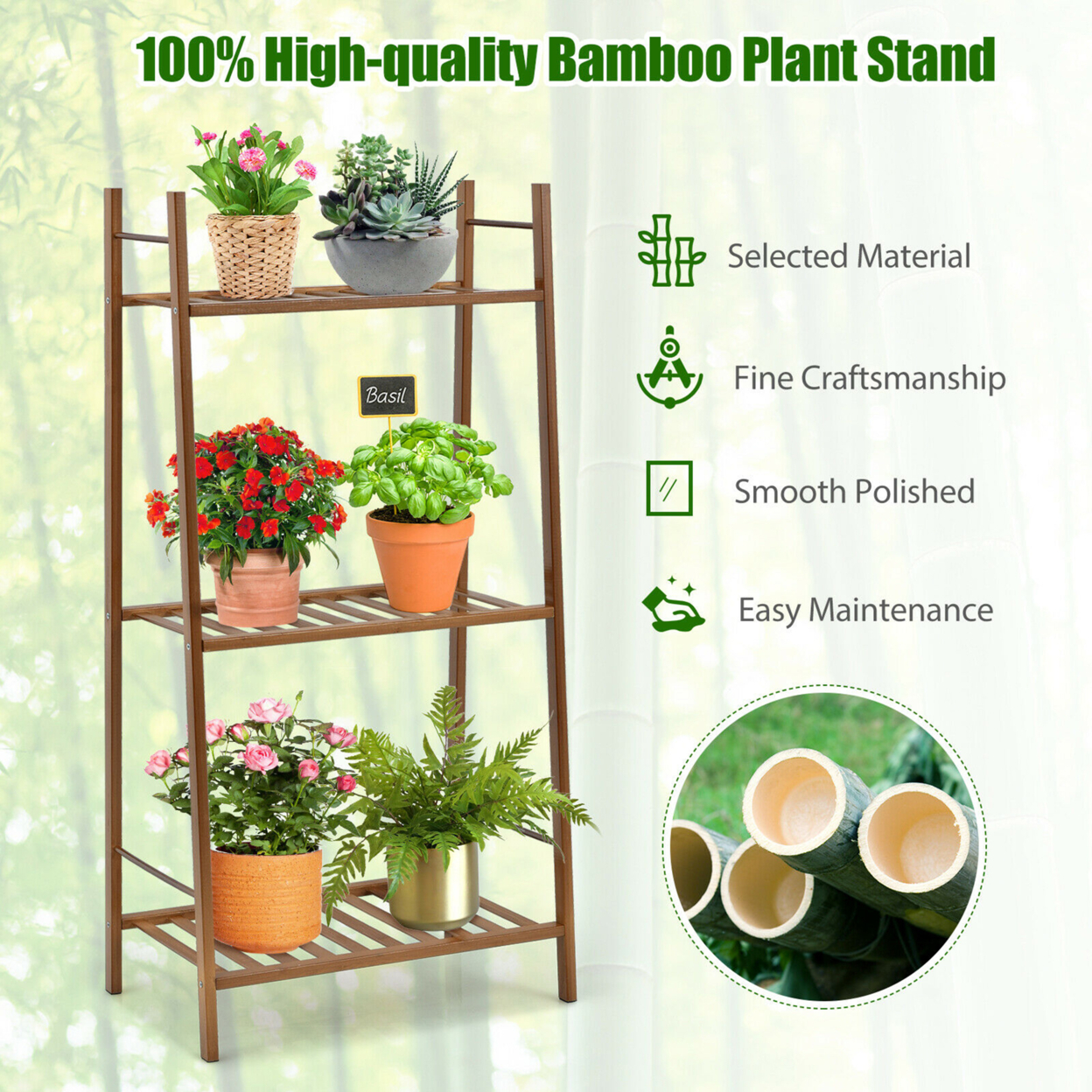 Bamboo Plant Stand 3 Tiers Plant Rack Vertical Tiered Plant Ladder Shelf - Natural
