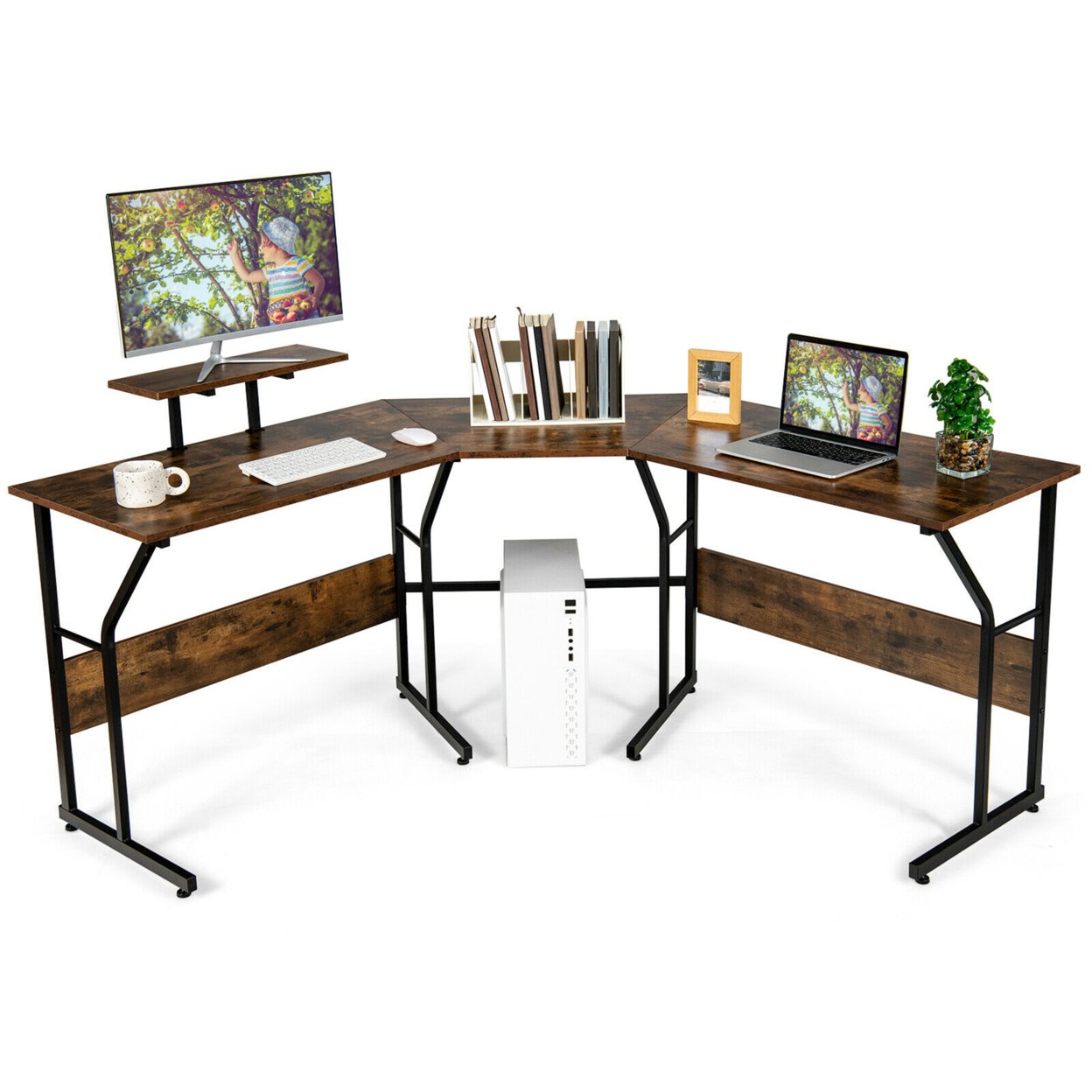 88.5'' L Shaped Reversible Computer Desk 2 Person Long Table Monitor Stand - Rustic Brown