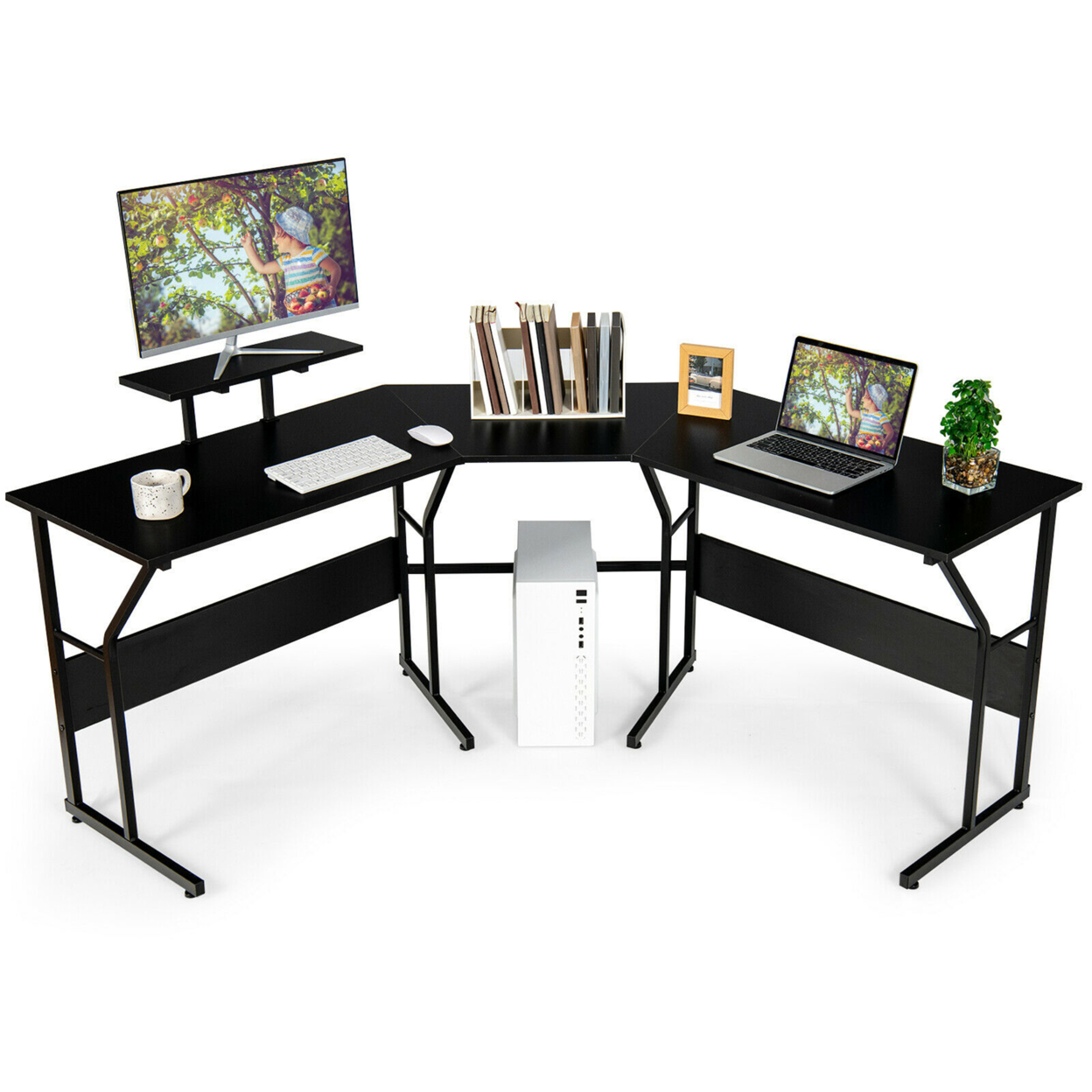 88.5'' L Shaped Reversible Computer Desk 2 Person Long Table Monitor Stand - Black